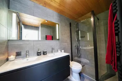 a bathroom with a sink and a shower and a toilet at La Ménandière in Megève