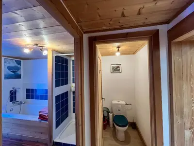 a bathroom with a toilet and a walk in shower at Appartement spacieux proche des télécabines et du centre ville avec jardin privé in Saint-Gervais-les-Bains