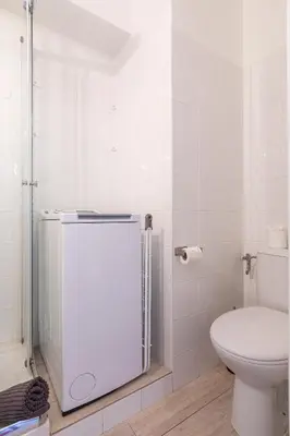 a white bathroom with a toilet and a shower at Appartement Cham-Vue in Chamonix-Mont-Blanc