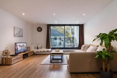 a living room with a couch and a tv at Chic 1BR ideally located in the city center in Chamonix-Mont-Blanc