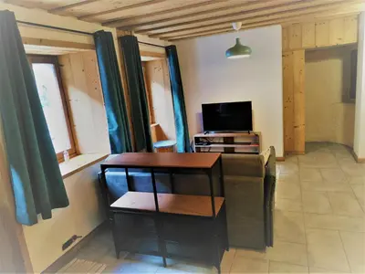 a living room with a couch and a television at Appartement dans ferme rénovée au cœur du Grand Massif in Sixt