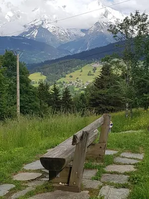 a wooden bench sitting on the side of a mountain at Studio tout confort avec vue sur les sommets in Combloux