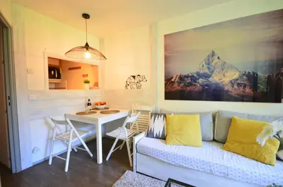 a living room with a couch and a table at Nid douillet a proximite des pistes in Chamonix-Mont-Blanc