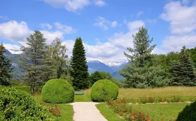 a path through a garden with bushes and trees at Résidence du Mont-Blanc n°5Bis in Combloux