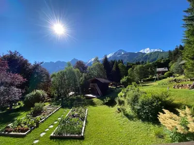a view of a garden with mountains in the background at Chambres d'hôtes - B&B - Chalet Mountain Vibes in Les Houches