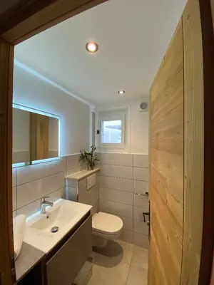 a bathroom with a sink and a toilet and a mirror at Chambres d'hôtes - B&B - Chalet Mountain Vibes in Les Houches