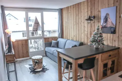 a living room with a christmas tree on a table at Résidence Mummery Chamonix in Chamonix-Mont-Blanc
