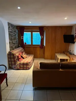 a living room with a couch and a tv at Appartement Chalet Nerboux in Morillon
