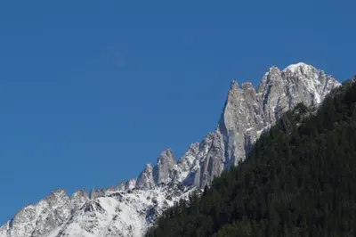 a snow covered mountain with trees in front of it at Modern Chalet With Garden Chamonix in Chamonix-Mont-Blanc