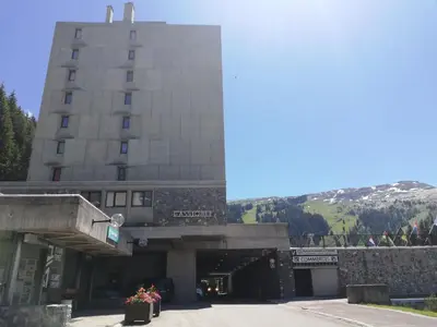 a building with a tunnel in front of it at Residence Cassiopee - maeva Home in Flaine