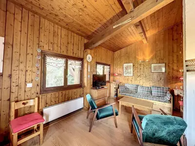 a living room with wooden walls and wooden floors at Appartement cosy à Combloux avec parking et cheminée - FR-1-560-9 in Combloux