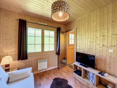 a living room with a couch and a flat screen tv at Demi-chalet duplex proche télécabine avec WiFi - FR-1-560-6 in Combloux