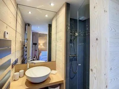 a bathroom with a sink and a shower at Appartement 4P avec terrasse et vue Mont Blanc - FR-1-560-24 in Combloux