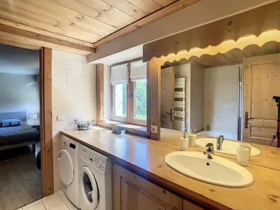a bathroom with a sink and a washing machine at 3 pièces, piscine intérieure, parking, proche centre à Combloux - FR-1-560-27 in Combloux