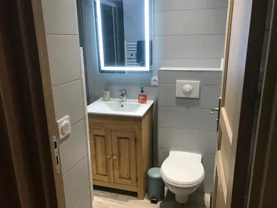 a small bathroom with a toilet and a sink at La Maison du Hérisson in Samoëns
