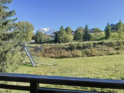 a view of a hill with a playground in a field at Duplex cosy au pied des pistes de Combloux - FR-1-560-47 in Combloux