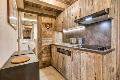 a kitchen with wooden walls and a counter with a sink at Alta Rocca in Chamonix-Mont-Blanc