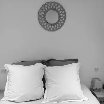 a black and white photo of two pillows and a mirror at LE 