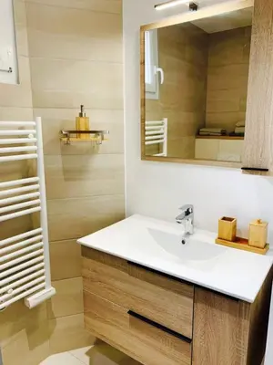 a bathroom with a sink and a mirror at LE 