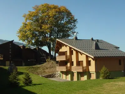 a house with a balcony and a tree at Appartement 3 chambres, 2 sdb, parking, proche pistes, équipements de standing - FR-1-572-46 in Les Carroz d'Araches