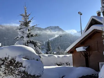a house covered in snow with trees and mountains at Appartement 3 Pièces 6 Pers avec Balcon aux Carroz - FR-1-572-53 in Les Carroz d'Araches