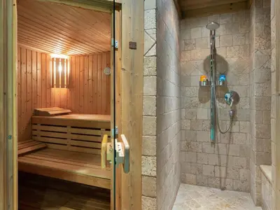 a bathroom with a sauna with a shower at Chalet familial à Megève avec piscine et sauna pour 12 personnes - FR-1-569-2 in Megève
