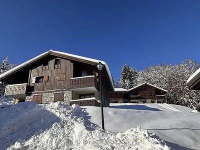 a house in the snow with a pile of snow at Chalet 4 pièces + mezzanine, 8 pers, WiFi, parking, proche spa, arrêt ski-bus - FR-1-572-112 in Les Carroz d'Araches