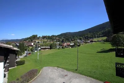 a green field with a town in the background at PE255 Studio 4 pers pieds de piste in Les Carroz d'Araches