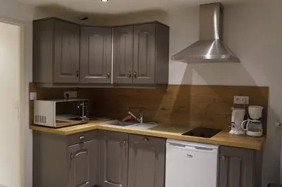 a kitchen with gray cabinets and a sink and a microwave at VAR50 - Studio 4 Pers centre des Carroz in Les Carroz d'Araches