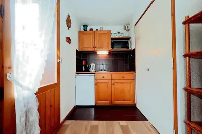 a small kitchen with wooden cabinets and a white refrigerator at Résidence Le Prarion 2 C - Prarion 2 28 MAE-6429 in Les Houches