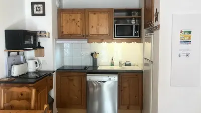 a kitchen with wooden cabinets and a stainless steel dishwasher at Résidence Le Grand Panorama - Grand Panorama 411 MAE-5270 in Saint-Gervais-les-Bains