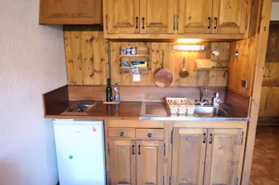a kitchen with wooden cabinets and a sink and a refrigerator at Résidence La Gelinotte - Gélinotte 6 MAE-5292 in Saint-Gervais-les-Bains