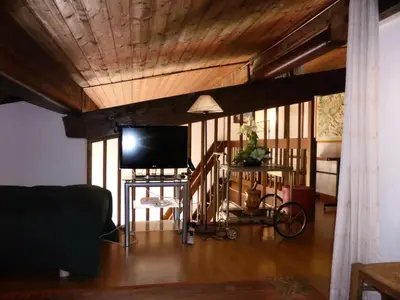 a living room with a flat screen tv on a wooden ceiling at Résidence Bionnassay - Bionnassay B181 MAE-5332 in Les Contamines-Montjoie