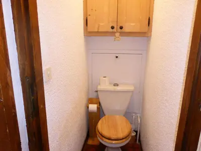 a small bathroom with a toilet with a wooden seat at Résidence Rochasset - Rochasset D75 MAE-5345 in Les Contamines-Montjoie