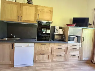 a kitchen with wooden cabinets and a white refrigerator at Appartement cosy 2 pièces, 6 couchages, balcon, garage et casier à skis, Demi-Quartier - FR-1-597-9 in Demi-Quartier