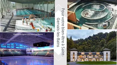 a collage of pictures of a water park at Duplex 6 pers, garage, WIFI, calme, proche des pistes, vue magnifique in Saint-Gervais-les-Bains