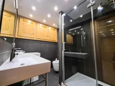 a bathroom with a shower and a sink and a toilet at Résidence Hameau - Chalet lumineux · Poêle à bois · WIFI gratuit et illimité · Garage MAE-7353 in Flaine