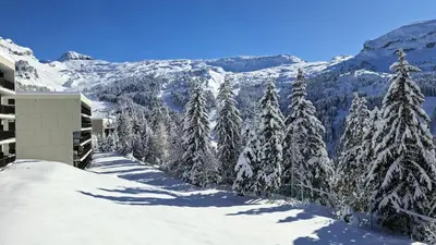 a snow covered mountain with trees and a building at Résidence Les Pleiades - Appartement spacieux et lumineux · Centre station · Balcon · Parking couvert MAE-7354 in Flaine