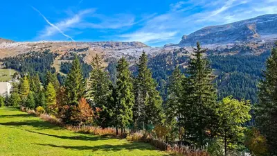 a row of trees on a hill with mountains in the background at Résidence Les Pleiades - Appartement spacieux · Centre station · Parking couvert · Balcon MAE-7381 in Flaine