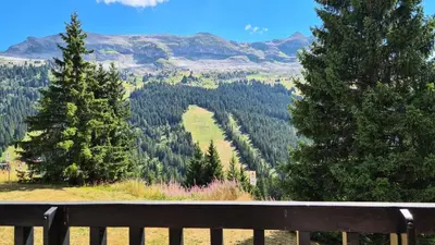 a bench with a view of a mountain valley at Résidence Belier - Appartement confortable et lumineux · Au pied des pistes · WIFI gratuit et illimité MAE-7384 in Flaine