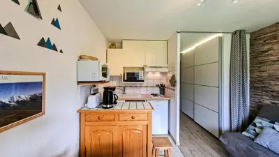 a small kitchen with a counter and a refrigerator at Résidence Sagittaire - Studio entièrement rénové avec cabine · Centre station · Balcon MAE-7390 in Flaine