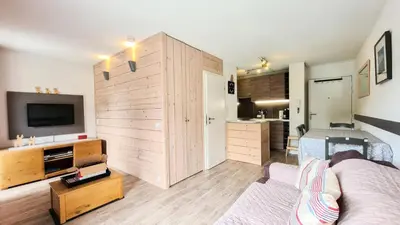 a living room with a couch and a tv at Résidence La Petite Ourse - Studio neuf · Centre station · Balcon MAE-7402 in Flaine
