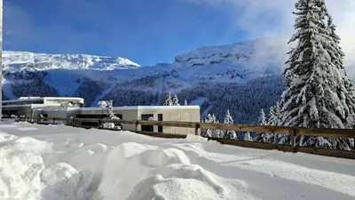 a snow covered mountain with a fence and a tree at Résidence Arche - Studio confortable · Centre station · Terrasse MAE-7414 in Flaine