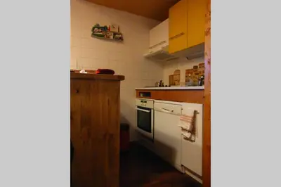 a kitchen with a white stove and a white oven at Le Rustica, 3 rooms, 3 stars, 6 people in Les Houches