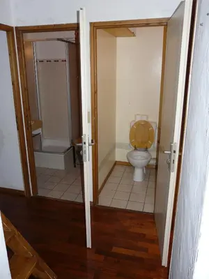 a bathroom with a toilet with a wooden seat at Le Rustica, 3 rooms, 3 stars, 6 people in Les Houches