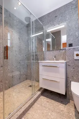 a bathroom with a shower and a sink and a toilet at Chalet Clos 66 in Chamonix-Mont-Blanc