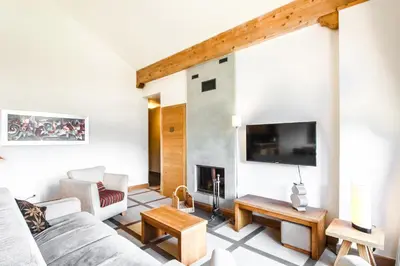 a living room with a couch and a fireplace at Private penthouse 2-bed Apartment, ski in and out in 5* Flaine Residence in Flaine