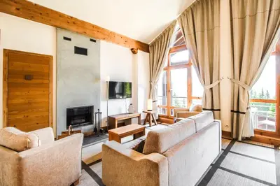 a living room with two couches and a fireplace at Private penthouse 2-bed Apartment, ski in and out in 5* Flaine Residence in Flaine