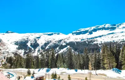 a snow covered mountain with trees in the foreground at Private penthouse 2-bed Apartment, ski in and out in 5* Flaine Residence in Flaine