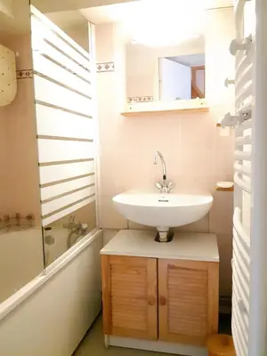a bathroom with a sink and a bath tub at RED APPLE CARROZ Duplex de charme WIFI Parking Balcon TV Ski-Bus in Les Carroz d'Araches